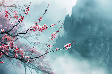 云雾缭绕的花树图片