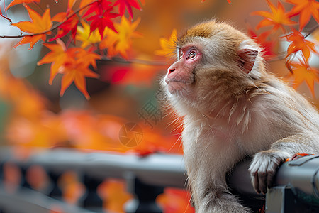 秋叶背景下静坐的猴子图片