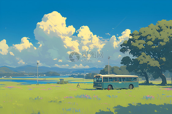 乡村景观中的巴士图片