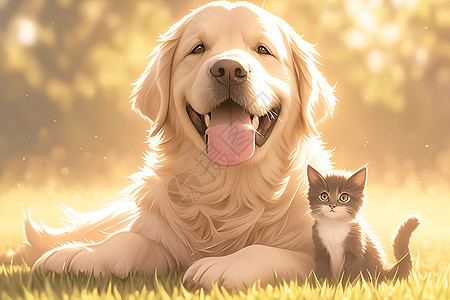 阳光下草地上的小猫与狗图片