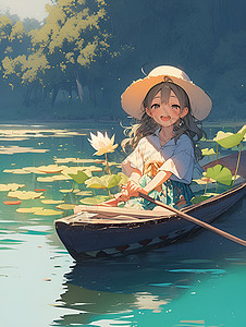湖畔划船的女孩图片