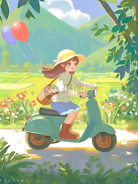 女孩骑车走过乡村小路图片