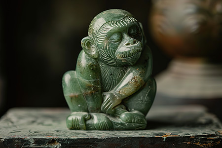石板上的一只绿色猴子雕像图片