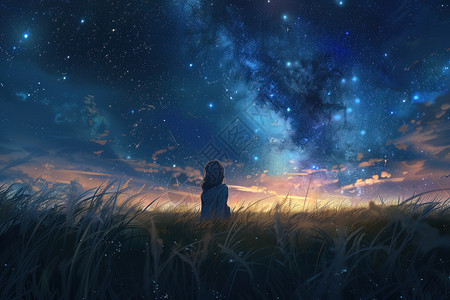夜空下仰望星空的女孩图片