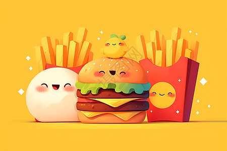 快乐的快餐角色汉堡薯条和三明治图片