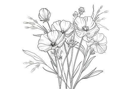 白底黑白线描的花束图片