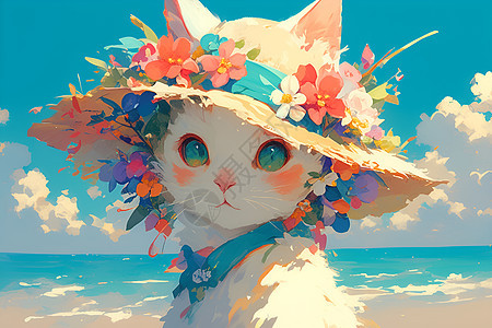花帽猫咪的沙滩漫步图片