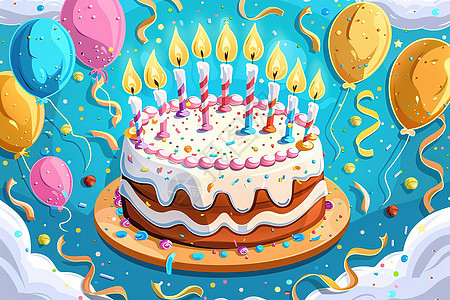 生日蛋糕上点的燃蜡烛和气球图片