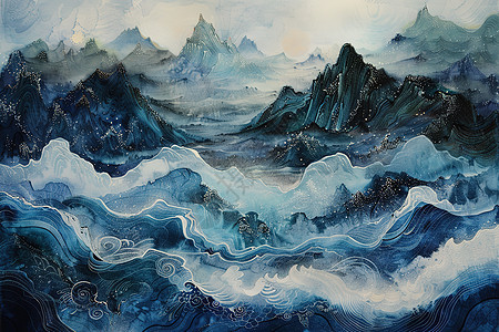 蓝色海浪下的山脉图片