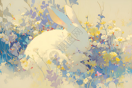阳光花丛里的兔子图片