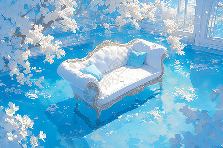 花树下的白色沙发图片
