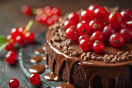 巧克力蛋糕上的红色浆果点缀图片