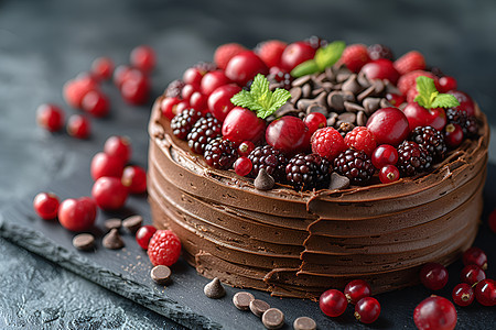 巧克力蛋糕上的红色浆果图片