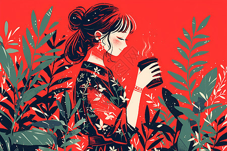 花丛中的咖啡女孩图片