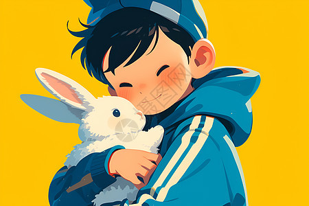 可爱的男孩抱着兔子图片