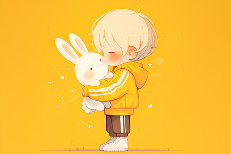 可爱卡通男孩抱着兔子图片