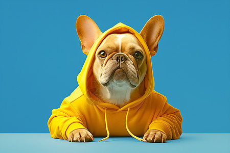 法国斗牛犬穿着黄色连帽衫背景为蓝色呼应了和的艺术影响注重细节图片
