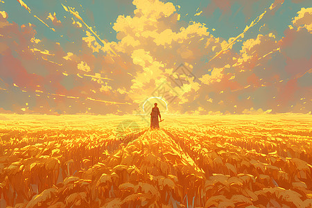 夕阳麦田里的农夫图片