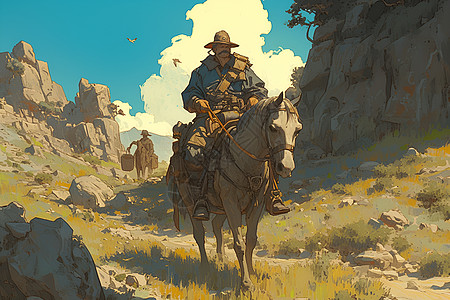 男人骑马行走在山谷里图片