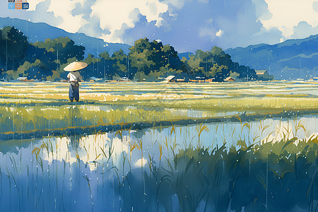 夕阳下的稻田农民图片