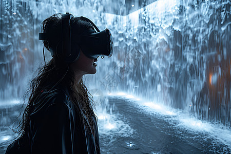 女人戴着VR眼镜看瀑布图片