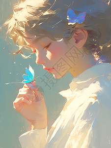 女孩指尖的蓝蝴蝶图片