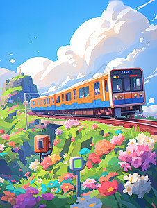 火车穿行于花海图片