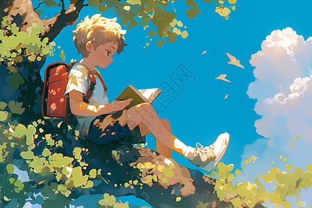 树上看书的男孩图片