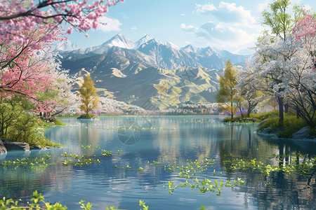 山水画中的湖泊风景图片
