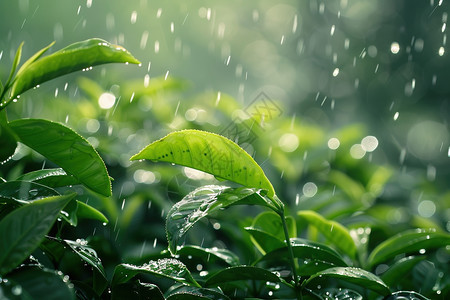 清新绿叶中闪烁的雨滴图片