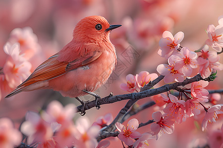 小鸟栖于樱花树上图片