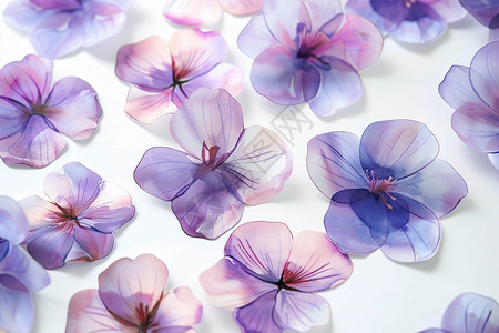 紫色花朵漂浮在白色表面上图片