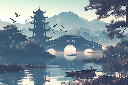 中式建筑桥梁图片