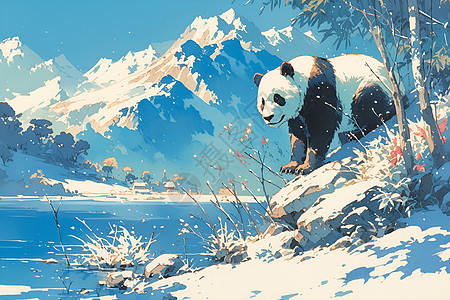 雪山背景下的熊猫图片