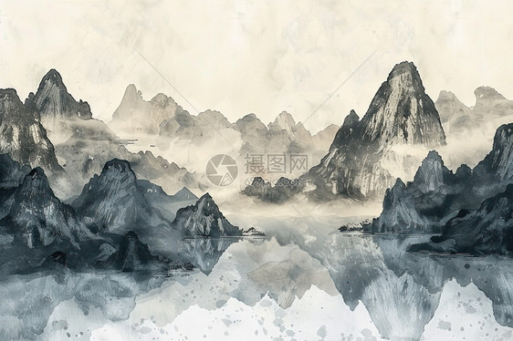云雾缭绕的山水画图片