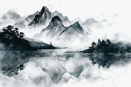 山和湖的画图片