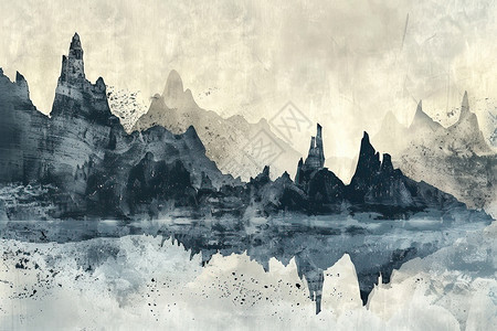 山脉和湖泊水墨画图片