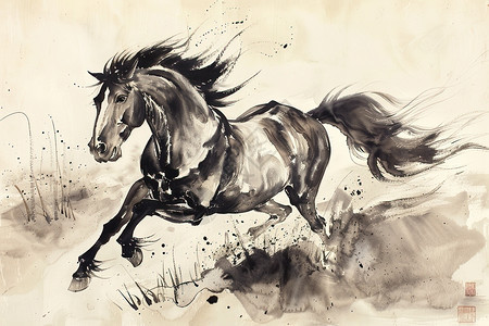 奔跑的马水墨画图片