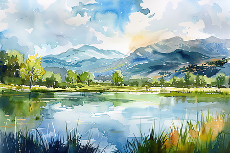 山景湖泊插画图片