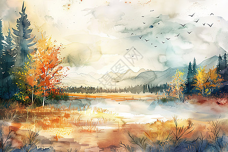 湖畔秋日美景图片