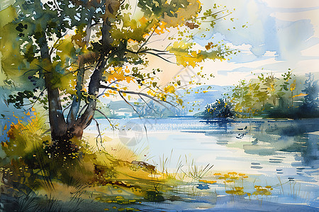 湖畔水彩画图片