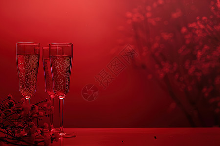红色背景下的酒杯和花朵图片
