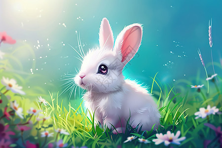 翠绿草地中的一只兔子图片