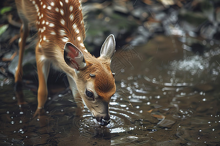 森林中的小鹿喝着溪水图片