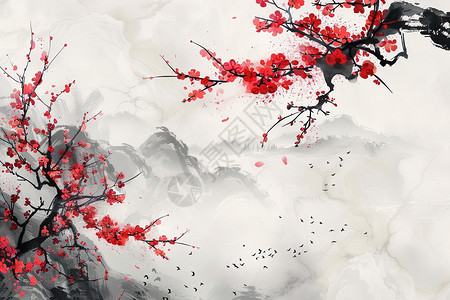 山水云中红花树图片