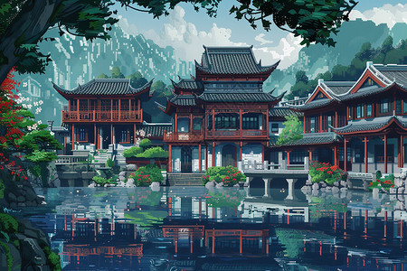 湖边中国风建筑画图片