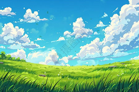 白云飘渺绿草地上图片