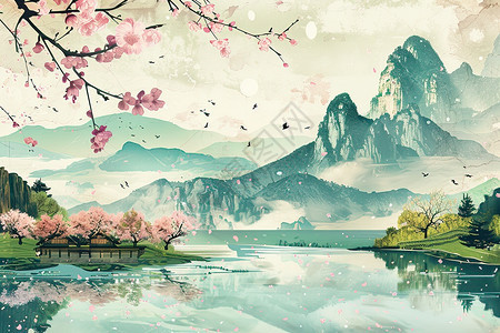 湖泊前景有樱花树图片