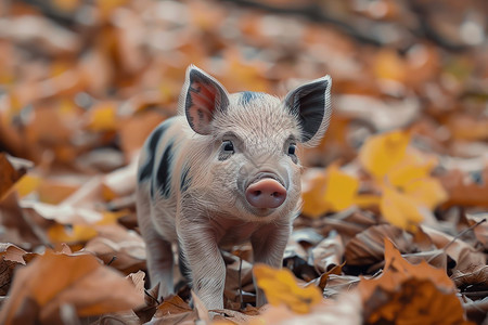 落叶中的小猪图片