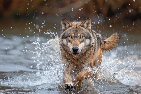 狼奔跑于溪流中图片